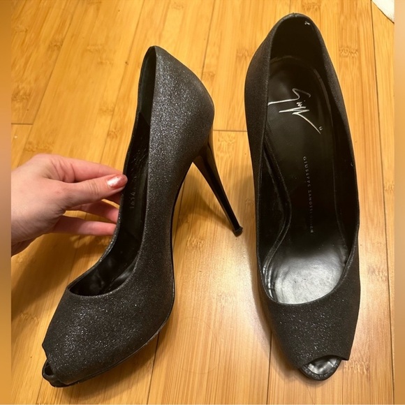 Giuseppe Zanotti Black Glitter Peep Toe Heels EU 40 US 9.5 10 - Picture 2 of 13
